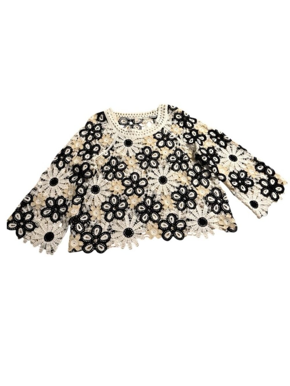Cato Women Layering Crocheted Floral Top Ivory Black Size 14-16 W